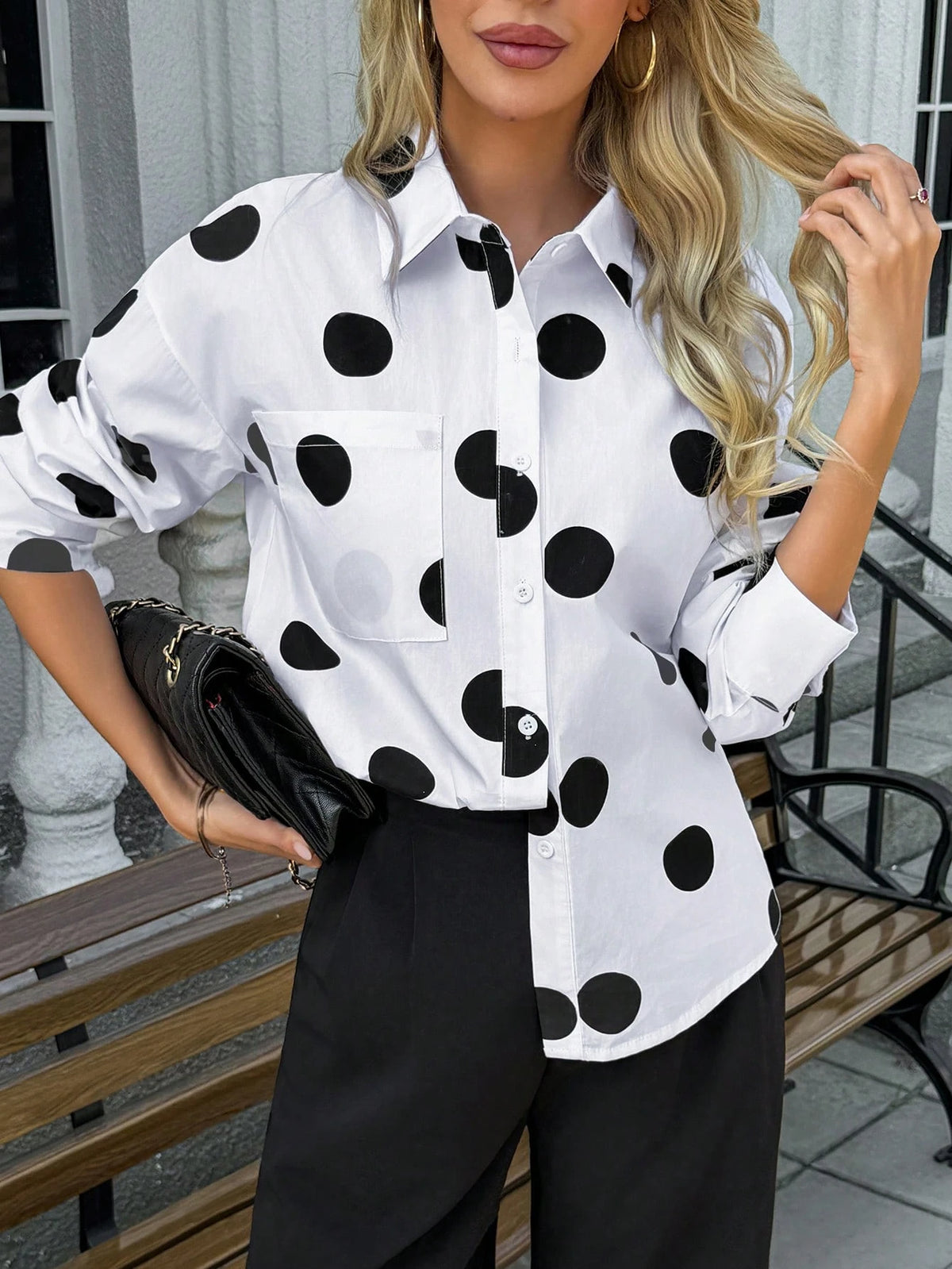 New Fashionable & Elegant Polka Dot Pattern Loose Women Long Sleeve Blouse With Asymmetrical Hem Spring