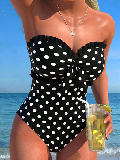 New Fashionable Sexy Elegant Striped Lace Ruffle Bust Bow Detachable Strap One-Piece Swimsuit For Beach, Pool Party, Vacation Summer, Vacationcore, Resort Wear