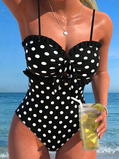 New Fashionable Sexy Elegant Striped Lace Ruffle Bust Bow Detachable Strap One-Piece Swimsuit For Beach, Pool Party, Vacation Summer, Vacationcore, Resort Wear