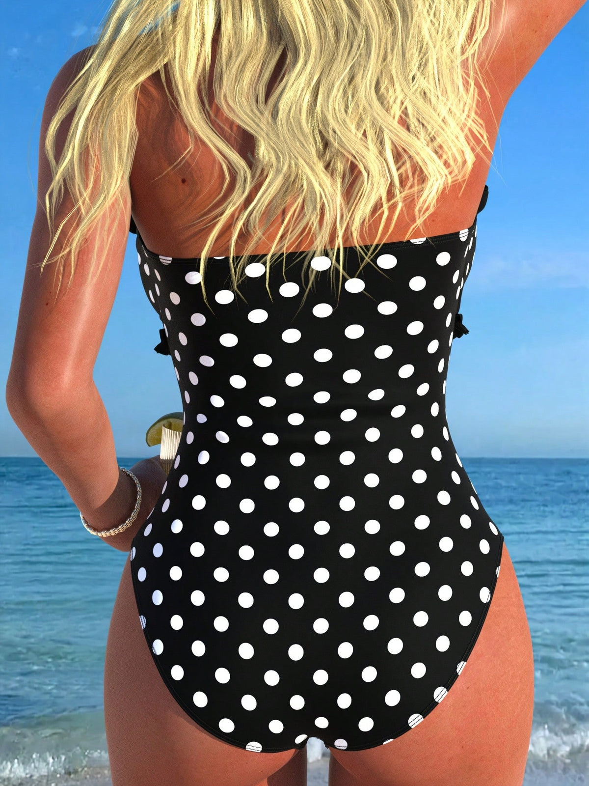 New Fashionable Sexy Elegant Striped Lace Ruffle Bust Bow Detachable Strap One-Piece Swimsuit For Beach, Pool Party, Vacation Summer, Vacationcore, Resort Wear
