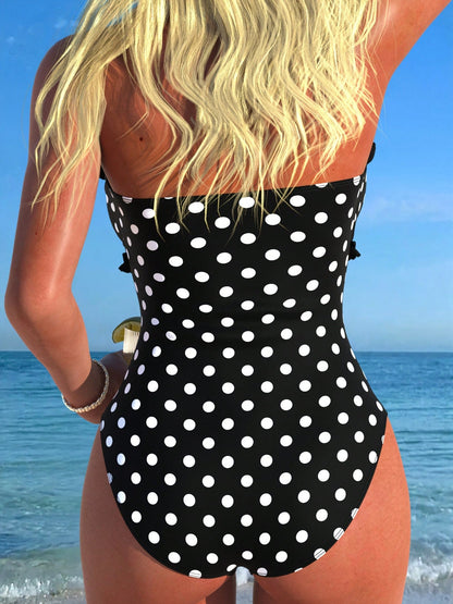 New Fashionable Sexy Elegant Striped Lace Ruffle Bust Bow Detachable Strap One-Piece Swimsuit For Beach, Pool Party, Vacation Summer, Vacationcore, Resort Wear