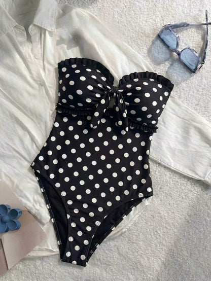 New Fashionable Sexy Elegant Striped Lace Ruffle Bust Bow Detachable Strap One-Piece Swimsuit For Beach, Pool Party, Vacation Summer, Vacationcore, Resort Wear