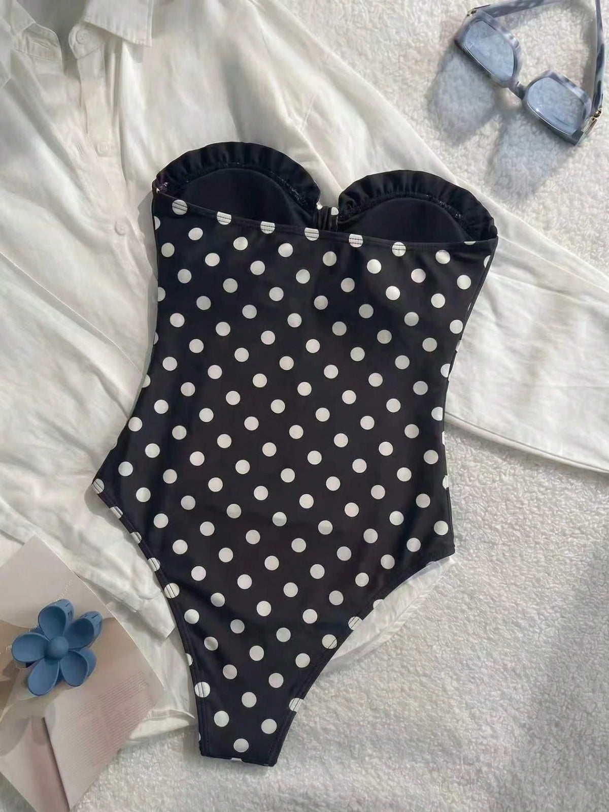 New Fashionable Sexy Elegant Striped Lace Ruffle Bust Bow Detachable Strap One-Piece Swimsuit For Beach, Pool Party, Vacation Summer, Vacationcore, Resort Wear
