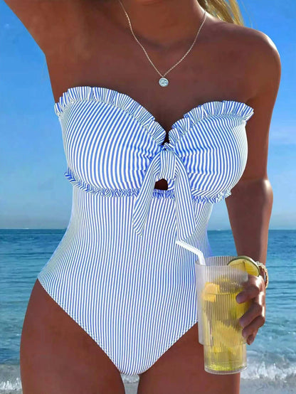 New Fashionable Sexy Elegant Striped Lace Ruffle Bust Bow Detachable Strap One-Piece Swimsuit For Beach, Pool Party, Vacation Summer, Vacationcore, Resort Wear