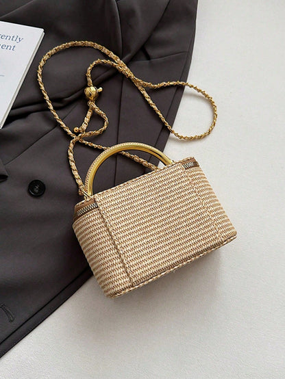 New Minimalist Woven Straw Lunch Box Bag With Chain Strap. Versatile As Shoulder & Crossbody Purse, Ideal For Beach & Vacation, Popular Holiday Pick.