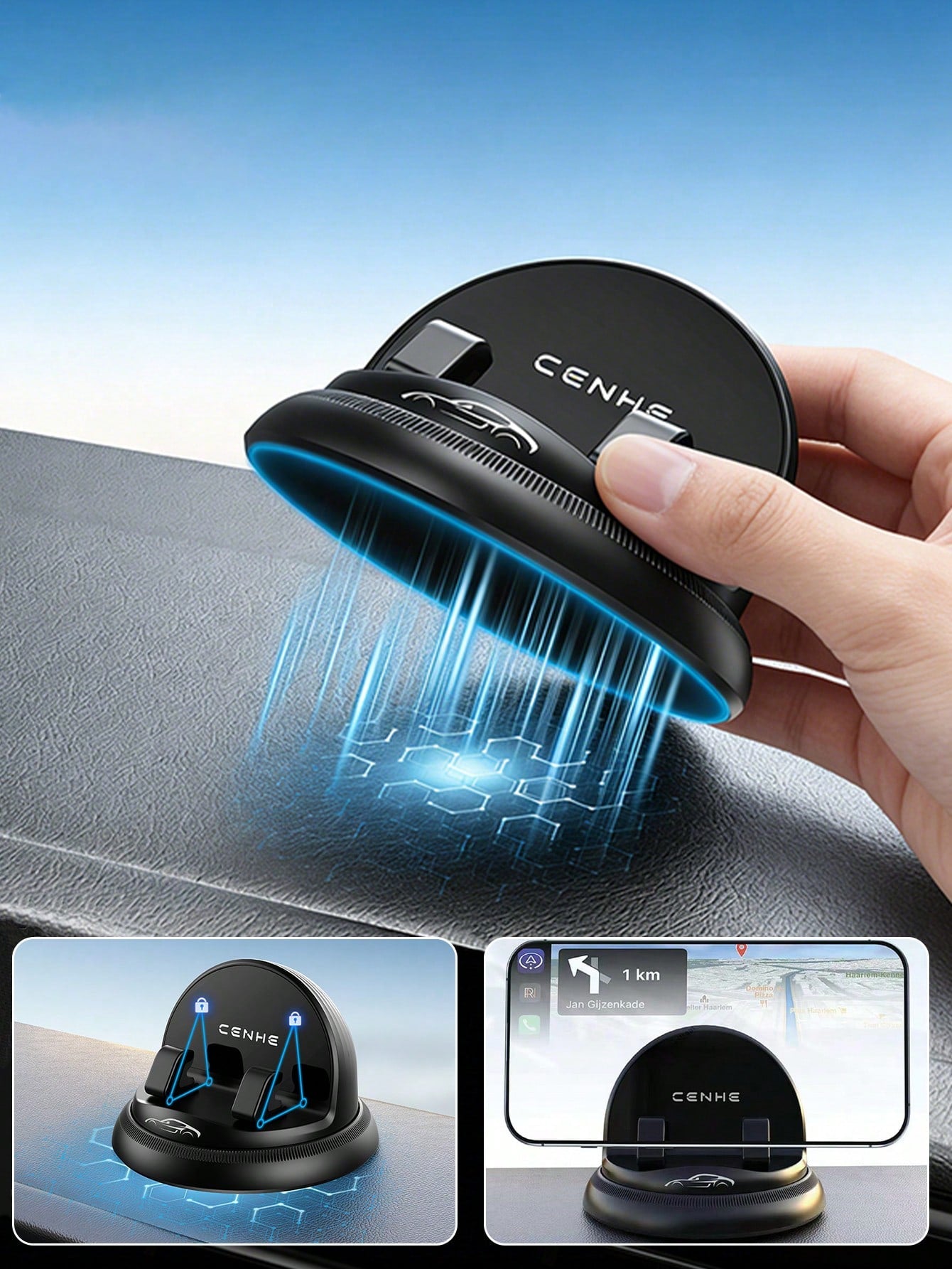 New Nano Gel Car Dashboard Phone Holder 360° Rotating Base Anti-Slip Anti-Vibration Suitable For 4.7-7.2 Inch Devices One-Hand Operation Suction Cup Dashboard Mount Car Navigation Bracket