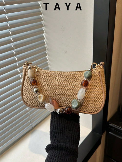 New Retro Fashion Straw Bag, Personalized Beaded Chain, Zipper Opening, Lightweight Minimalist, Small Capacity Shoulder/Underarm Bag. Suitable For Women's Daily Life, Casual, Commuting, Vacation And S