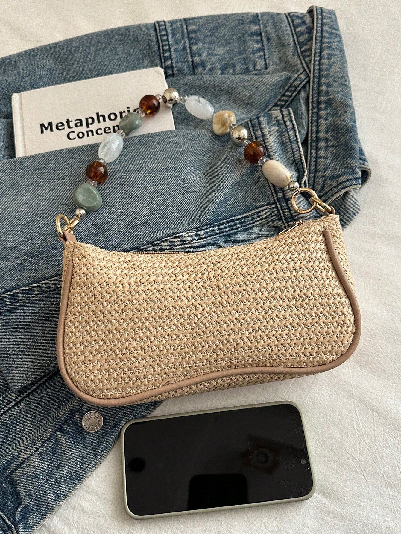 New Retro Fashion Straw Bag, Personalized Beaded Chain, Zipper Opening, Lightweight Minimalist, Small Capacity Shoulder/Underarm Bag. Suitable For Women's Daily Life, Casual, Commuting, Vacation And S