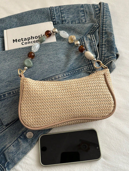 New Retro Fashion Straw Bag, Personalized Beaded Chain, Zipper Opening, Lightweight Minimalist, Small Capacity Shoulder/Underarm Bag. Suitable For Women's Daily Life, Casual, Commuting, Vacation And S
