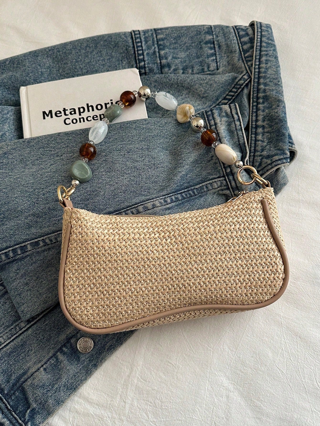 New Retro Fashion Straw Bag, Personalized Beaded Chain, Zipper Opening, Lightweight Minimalist, Small Capacity Shoulder/Underarm Bag. Suitable For Women's Daily Life, Casual, Commuting, Vacation And S