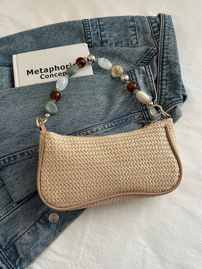 New Retro Fashion Straw Bag, Personalized Beaded Chain, Zipper Opening, Lightweight Minimalist, Small Capacity Shoulder/Underarm Bag. Suitable For Women's Daily Life, Casual, Commuting, Vacation And S