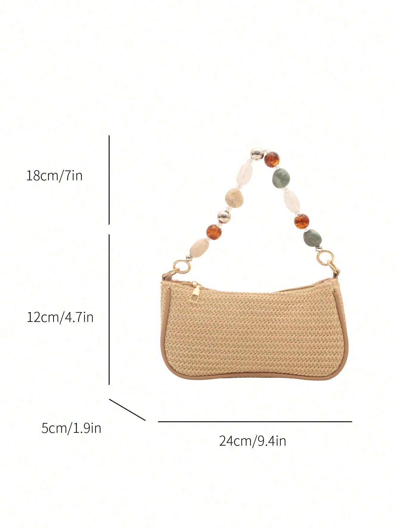 New Retro Fashion Straw Bag, Personalized Beaded Chain, Zipper Opening, Lightweight Minimalist, Small Capacity Shoulder/Underarm Bag. Suitable For Women's Daily Life, Casual, Commuting, Vacation And S