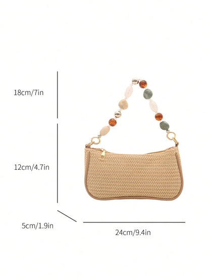 New Retro Fashion Straw Bag, Personalized Beaded Chain, Zipper Opening, Lightweight Minimalist, Small Capacity Shoulder/Underarm Bag. Suitable For Women's Daily Life, Casual, Commuting, Vacation And S