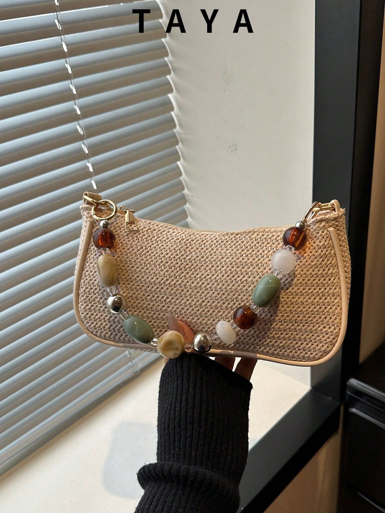 New Retro Fashion Straw Bag, Personalized Beaded Chain, Zipper Opening, Lightweight Minimalist, Small Capacity Shoulder/Underarm Bag. Suitable For Women's Daily Life, Casual, Commuting, Vacation And S