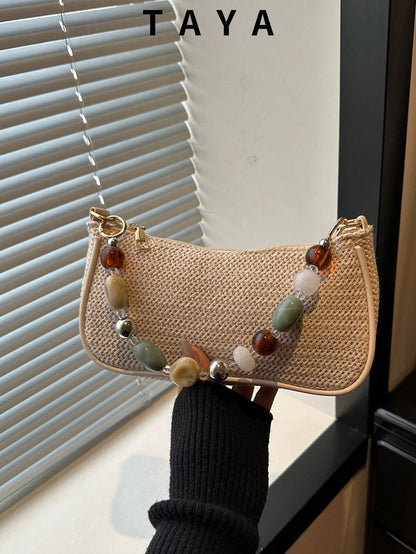New Retro Fashion Straw Bag, Personalized Beaded Chain, Zipper Opening, Lightweight Minimalist, Small Capacity Shoulder/Underarm Bag. Suitable For Women's Daily Life, Casual, Commuting, Vacation And S