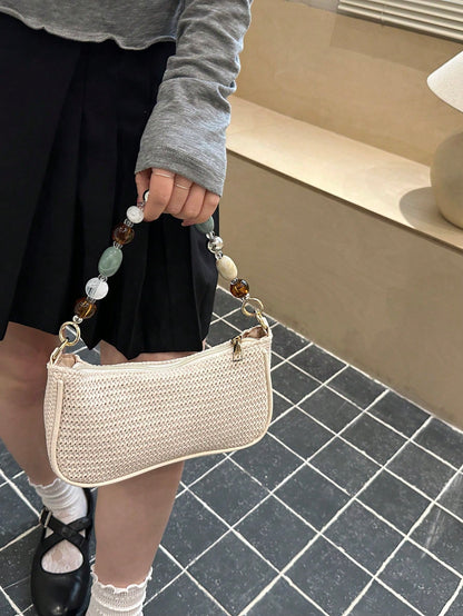 New Retro Fashion Straw Bag, Personalized Beaded Chain, Zipper Opening, Lightweight Minimalist, Small Capacity Shoulder/Underarm Bag. Suitable For Women's Daily Life, Casual, Commuting, Vacation And S
