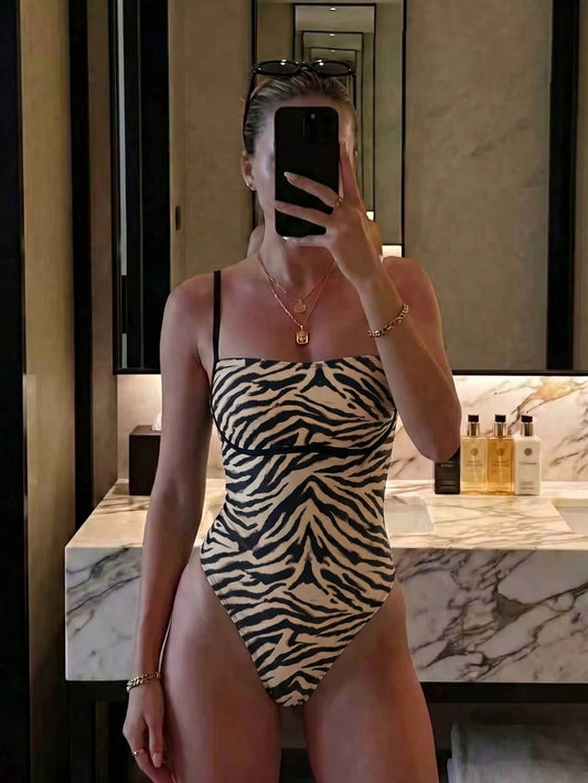 New Sexy Leopard Print High Elasticity Casual Beach Vacation Date Party Women's One-Piece Spaghetti Strap Swimsuit