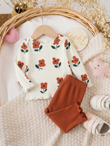 Newborn Baby Floral Print Long Sleeve Top And Pants Casual Daily Home Sleepwear Set