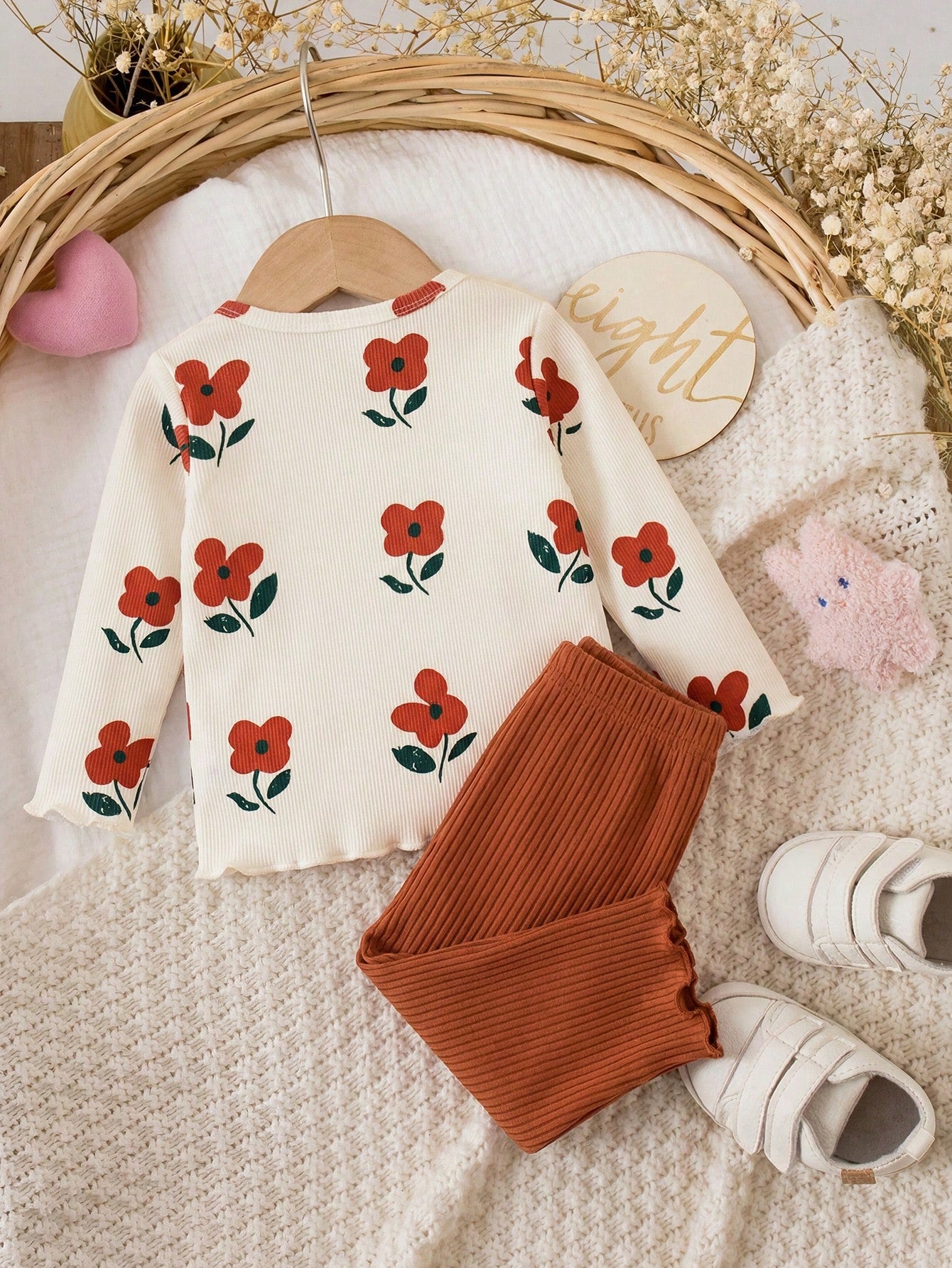 Newborn Baby Floral Print Long Sleeve Top And Pants Casual Daily Home Sleepwear Set