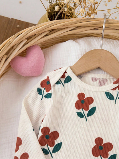 Newborn Baby Floral Print Long Sleeve Top And Pants Casual Daily Home Sleepwear Set