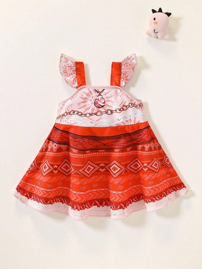 Newborn Baby Girl Cute Princess Costume Ruffled Sleeves Dress For Birthday Party Vacation Holiday,Suitable For Autumn And Red Cute