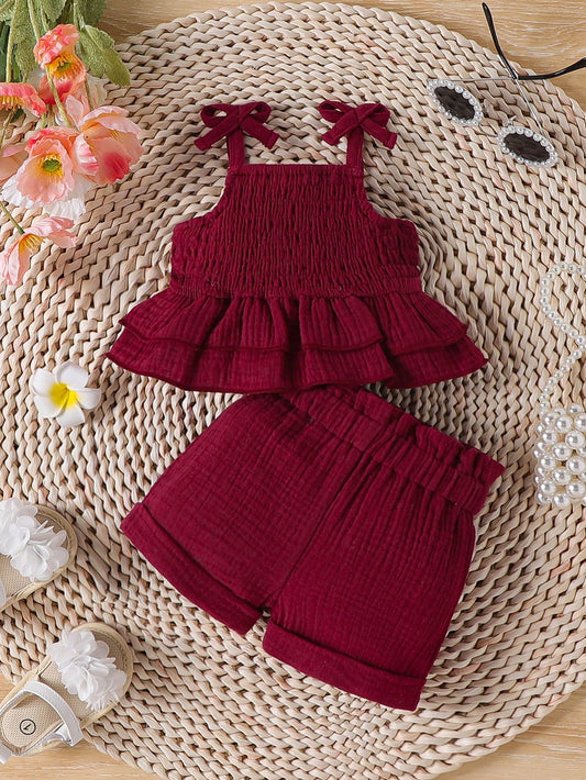 Newborn Baby Girl Shirred Ruffled Hem Cami Top And Shorts Set