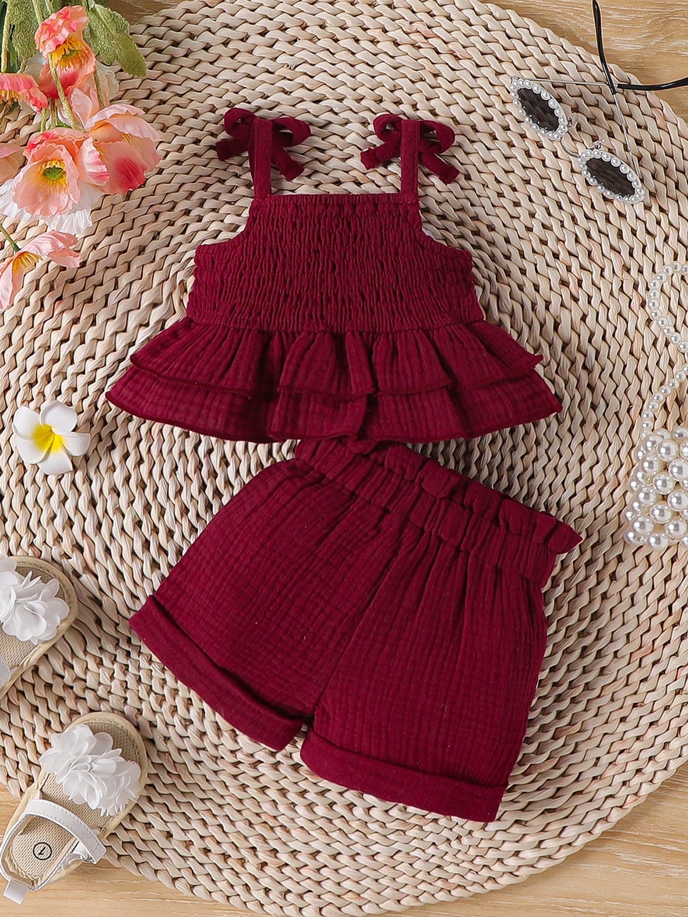 Newborn Baby Girl Shirred Ruffled Hem Cami Top And Shorts Set