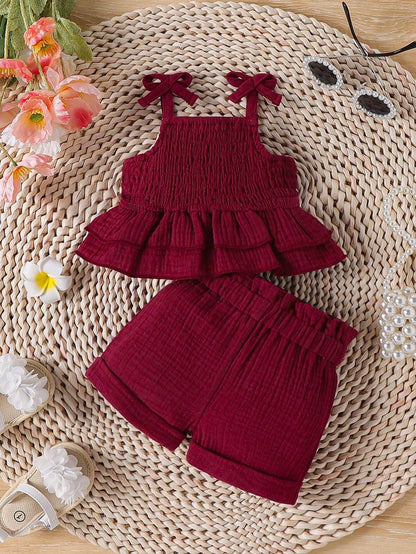 Newborn Baby Girl Shirred Ruffled Hem Cami Top And Shorts Set
