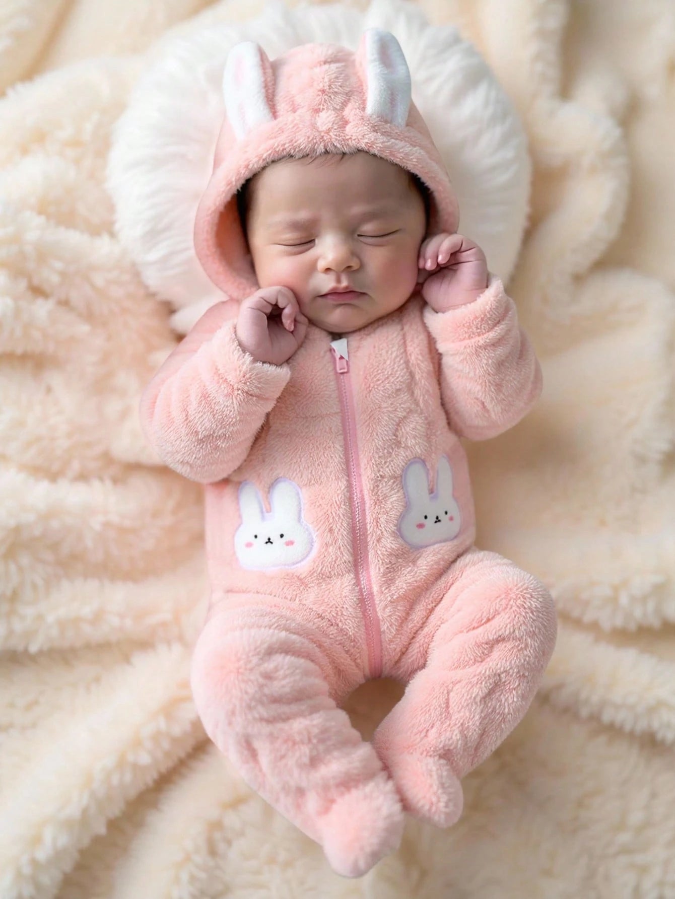 Newborn Baby Pink Rabbit Ear Hooded Romper Soft Plush Jumpsuit Outfit Infant 0-9 Months Winter Kawaii Red Polka Sibling Matching Fall Clothes