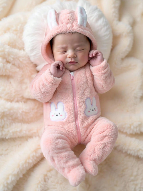 Newborn Baby Pink Rabbit Ear Hooded Romper Soft Plush Jumpsuit Outfit Infant 0-9 Months Winter Kawaii Red Polka Sibling Matching Fall Clothes