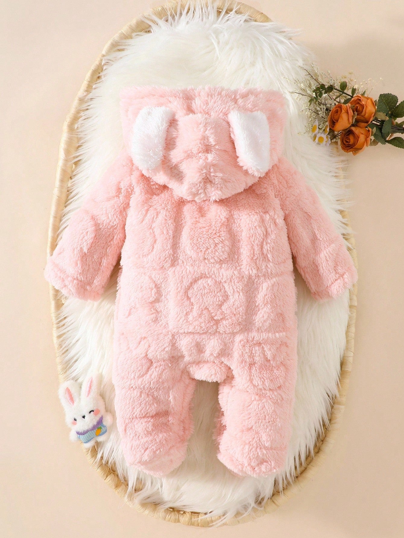 Newborn Baby Pink Rabbit Ear Hooded Romper Soft Plush Jumpsuit Outfit Infant 0-9 Months Winter Kawaii Red Polka Sibling Matching Fall Clothes