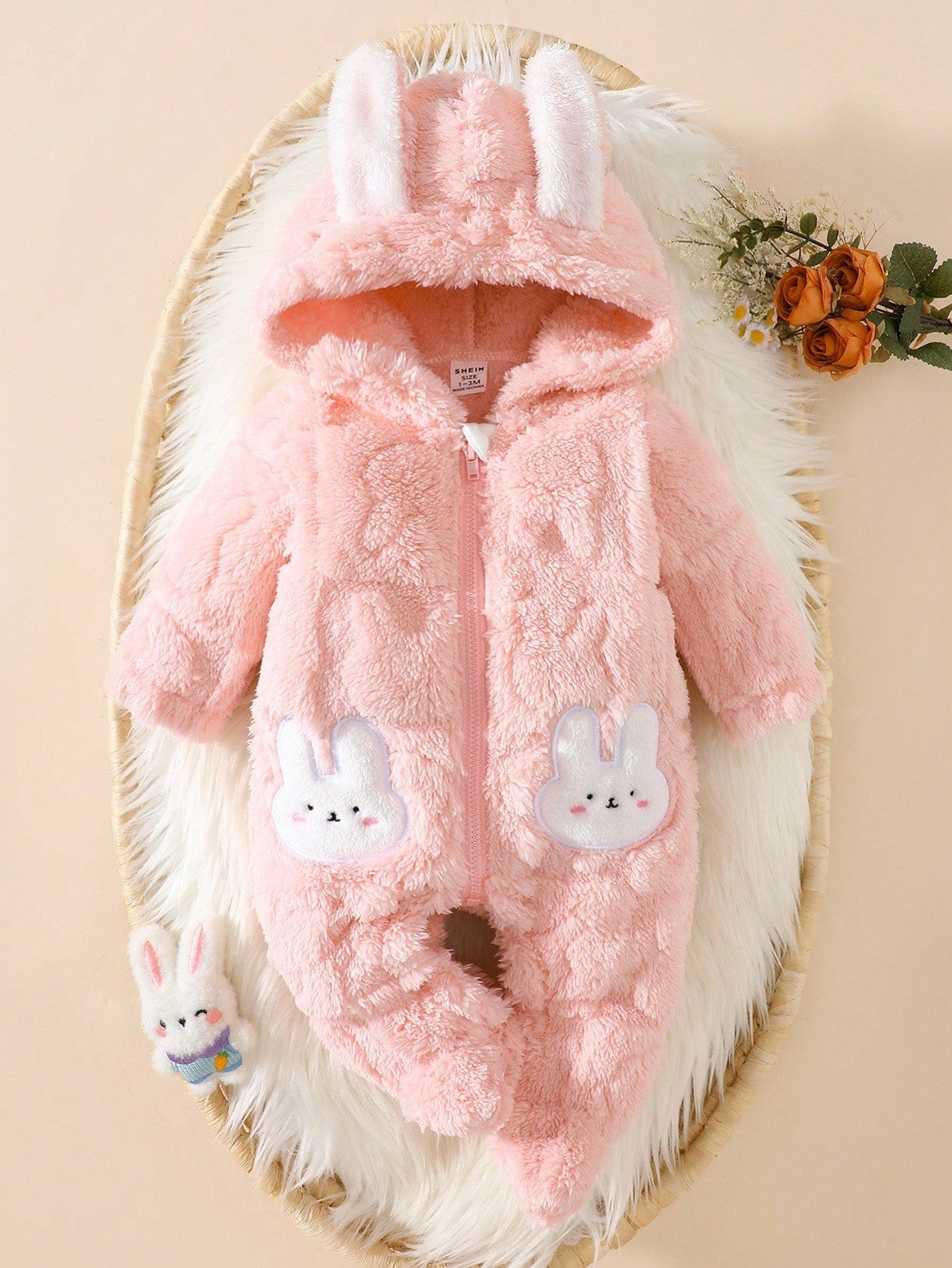 Newborn Baby Pink Rabbit Ear Hooded Romper Soft Plush Jumpsuit Outfit Infant 0-9 Months Winter Kawaii Red Polka Sibling Matching Fall Clothes