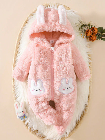 Newborn Baby Pink Rabbit Ear Hooded Romper Soft Plush Jumpsuit Outfit Infant 0-9 Months Winter Kawaii Red Polka Sibling Matching Fall Clothes