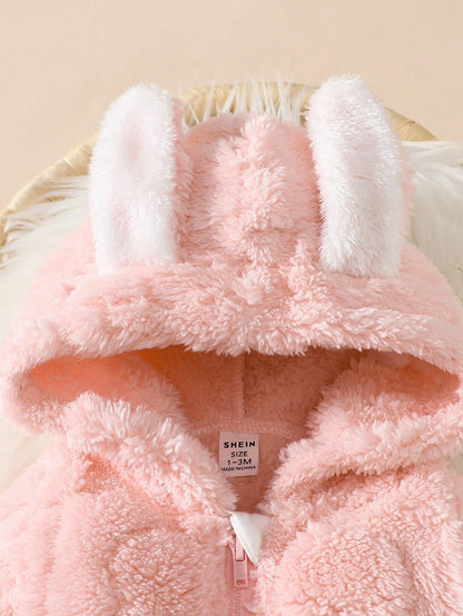 Newborn Baby Pink Rabbit Ear Hooded Romper Soft Plush Jumpsuit Outfit Infant 0-9 Months Winter Kawaii Red Polka Sibling Matching Fall Clothes