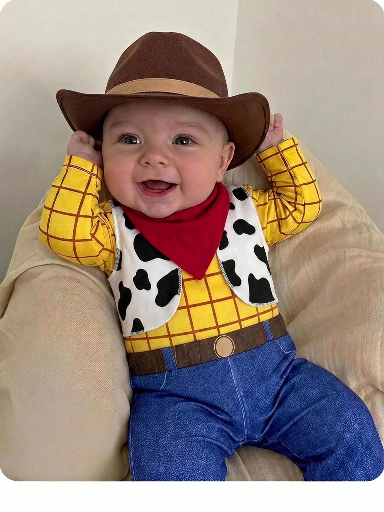 Newborn Baby Plaid Round Neck Long Sleeve Top, Cow Print Vest, Scarf And Pants Casual Daily Outfit Set Halloween Costumes-Outfits Suitable For Babies