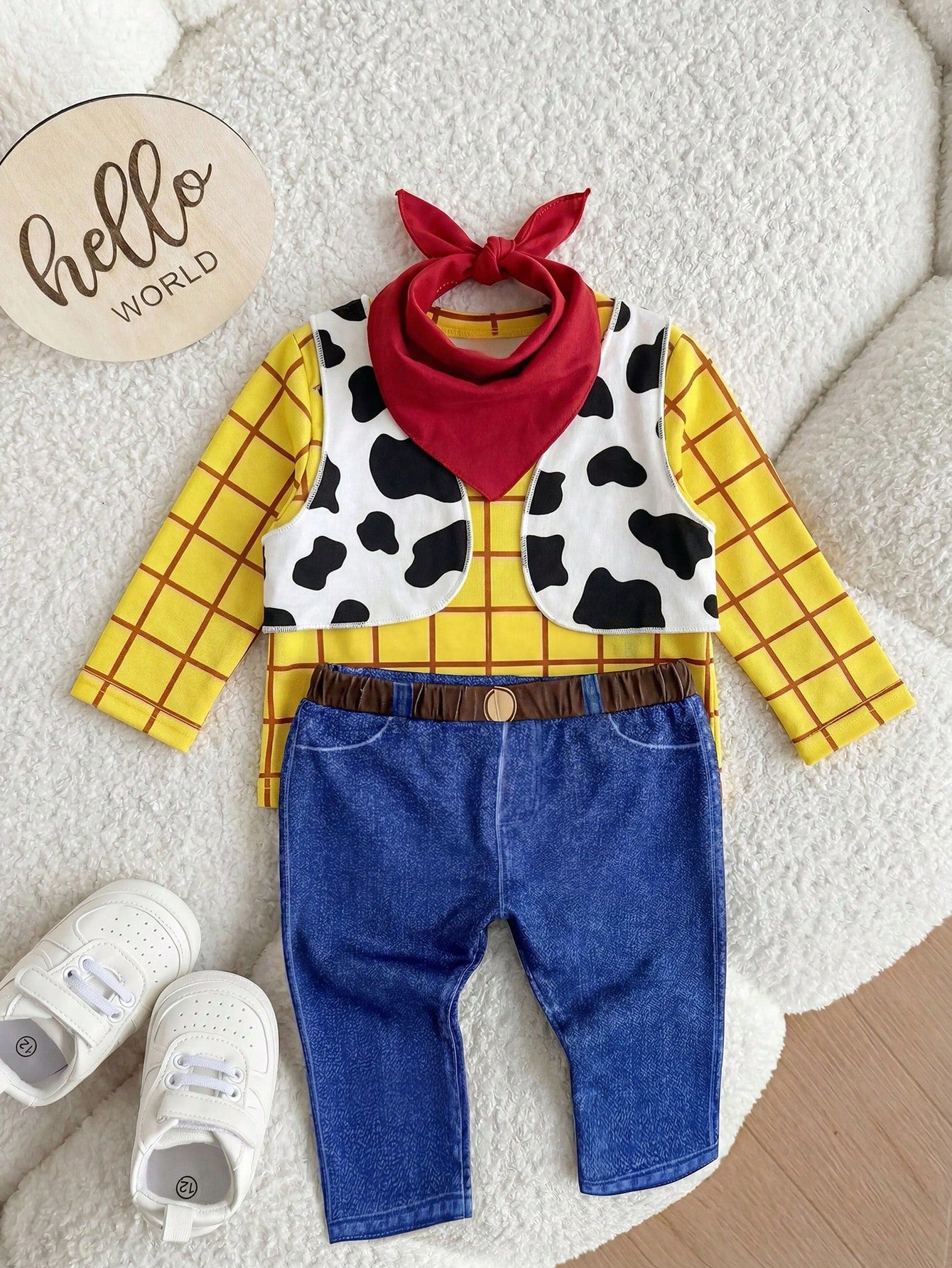 Newborn Baby Plaid Round Neck Long Sleeve Top, Cow Print Vest, Scarf And Pants Casual Daily Outfit Set Halloween Costumes-Outfits Suitable For Babies