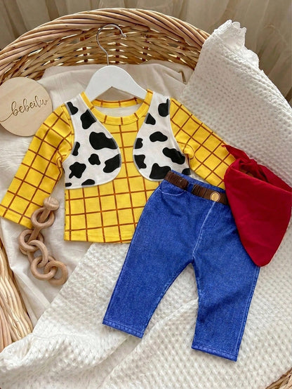 Newborn Baby Plaid Round Neck Long Sleeve Top, Cow Print Vest, Scarf And Pants Casual Daily Outfit Set Halloween Costumes-Outfits Suitable For Babies