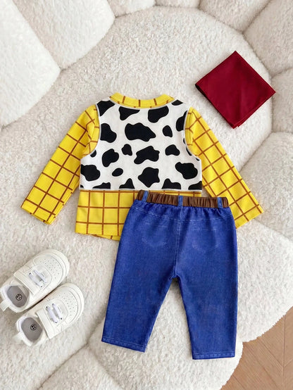 Newborn Baby Plaid Round Neck Long Sleeve Top, Cow Print Vest, Scarf And Pants Casual Daily Outfit Set Halloween Costumes-Outfits Suitable For Babies