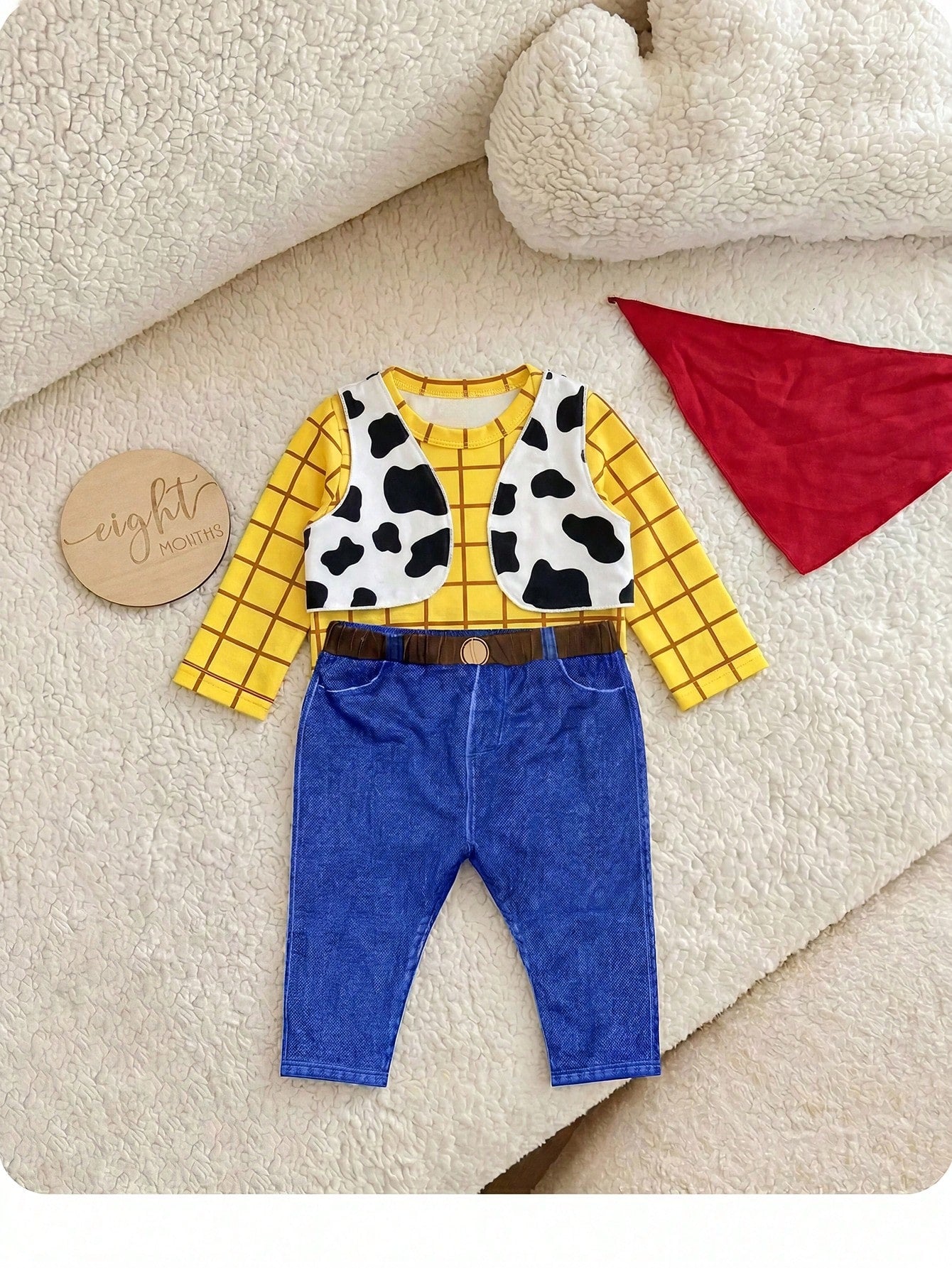 Newborn Baby Plaid Round Neck Long Sleeve Top, Cow Print Vest, Scarf And Pants Casual Daily Outfit Set Halloween Costumes-Outfits Suitable For Babies