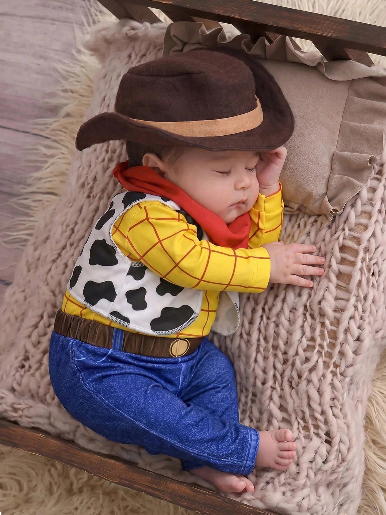 Newborn Baby Plaid Round Neck Long Sleeve Top, Cow Print Vest, Scarf And Pants Casual Daily Outfit Set Halloween Costumes-Outfits Suitable For Babies