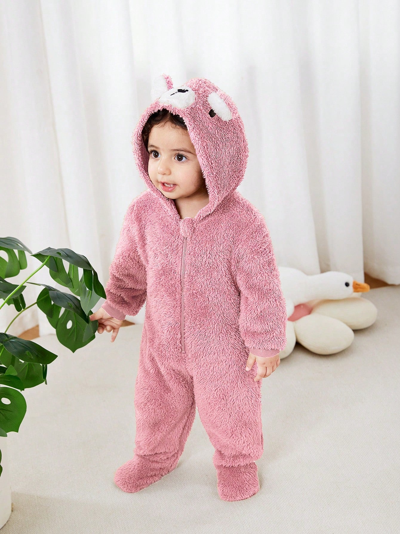 Newborn Baby Unisex Plush Bear Ear Animal Hooded Zipper Footed Jumpsuit Fall Winter