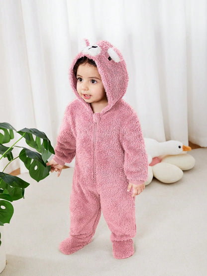 Newborn Baby Unisex Plush Bear Ear Animal Hooded Zipper Footed Jumpsuit Fall Winter