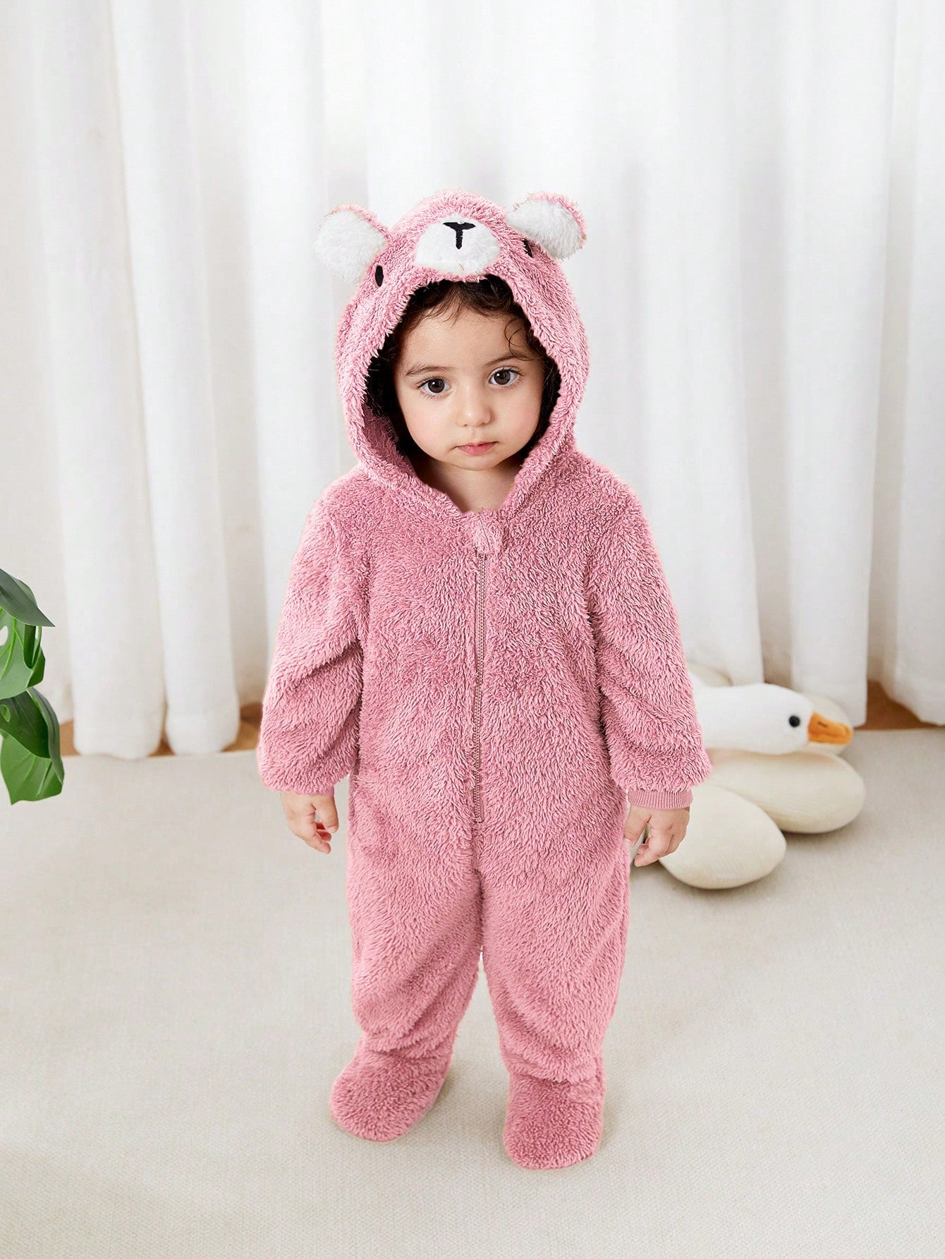 Newborn Baby Unisex Plush Bear Ear Animal Hooded Zipper Footed Jumpsuit Fall Winter