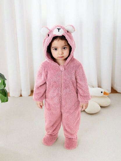 Newborn Baby Unisex Plush Bear Ear Animal Hooded Zipper Footed Jumpsuit Fall Winter