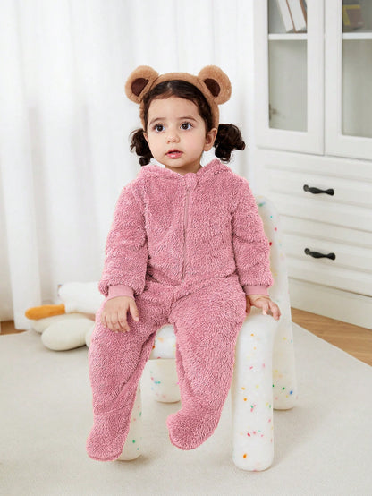 Newborn Baby Unisex Plush Bear Ear Animal Hooded Zipper Footed Jumpsuit Fall Winter