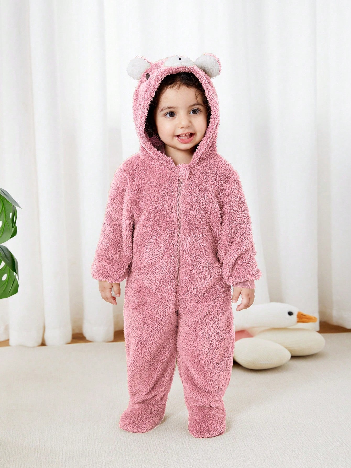 Newborn Baby Unisex Plush Bear Ear Animal Hooded Zipper Footed Jumpsuit Fall Winter