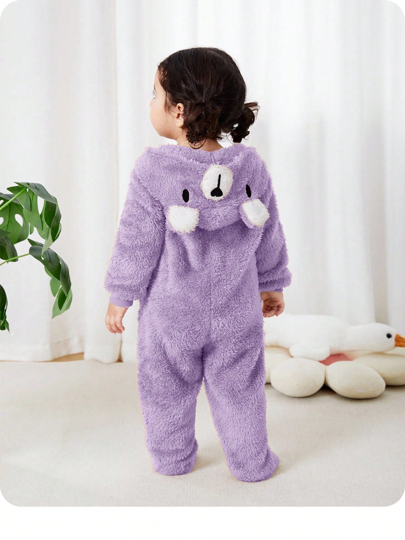 Newborn Baby Unisex Plush Bear Ear Animal Hooded Zipper Footed Jumpsuit Fall Winter