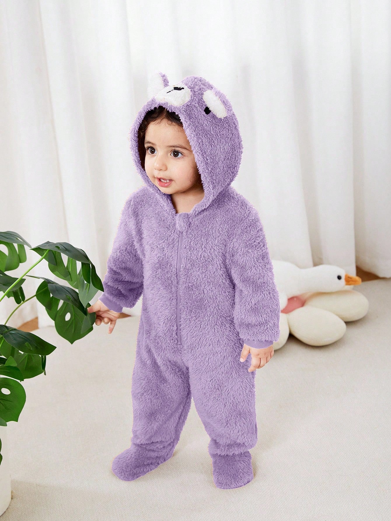 Newborn Baby Unisex Plush Bear Ear Animal Hooded Zipper Footed Jumpsuit Fall Winter