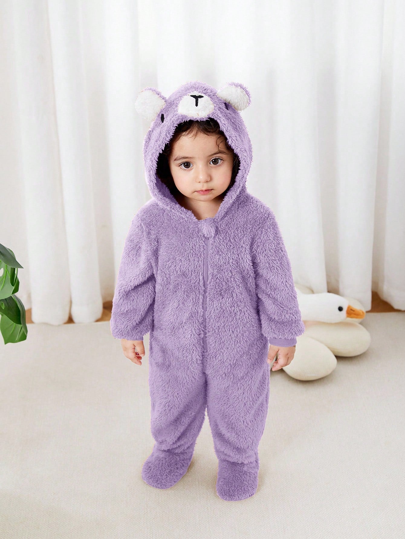 Newborn Baby Unisex Plush Bear Ear Animal Hooded Zipper Footed Jumpsuit Fall Winter