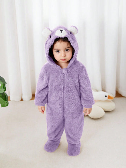 Newborn Baby Unisex Plush Bear Ear Animal Hooded Zipper Footed Jumpsuit Fall Winter